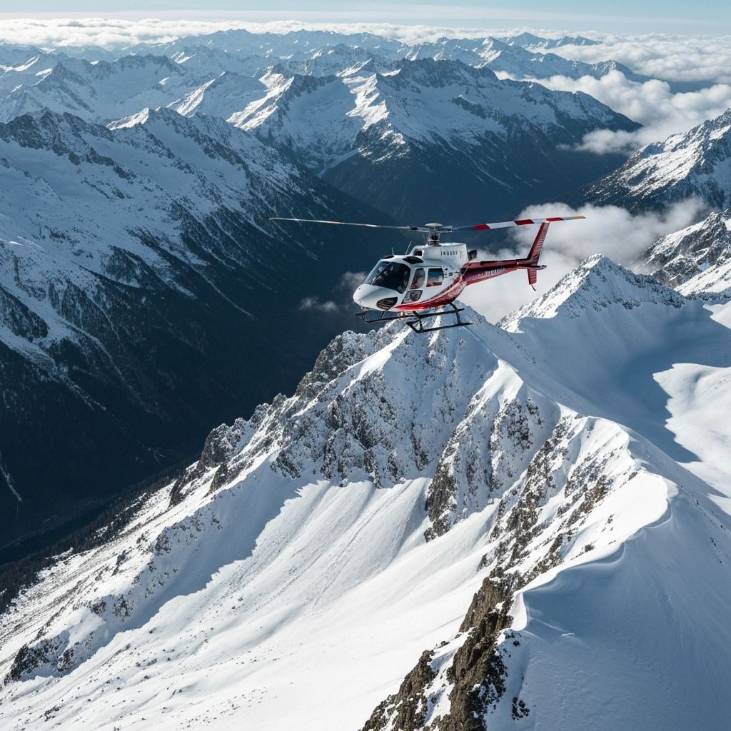 Helicopter flying over the Pyrenees mountains