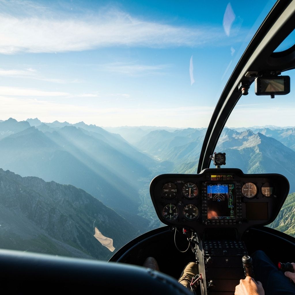 View from inside helicopter looking at Pyrenees mountains